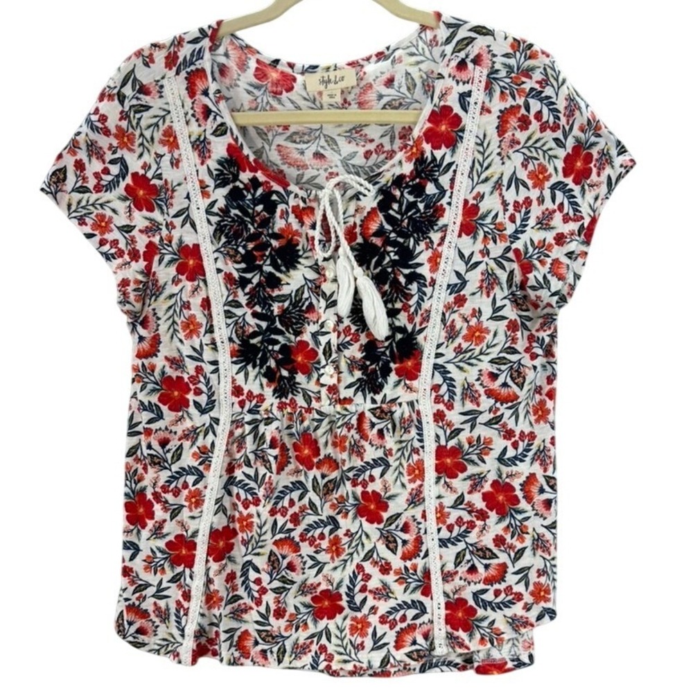 Style & Co Peasant Top Womens Large White Red Floral Embroidered Tassel Boho